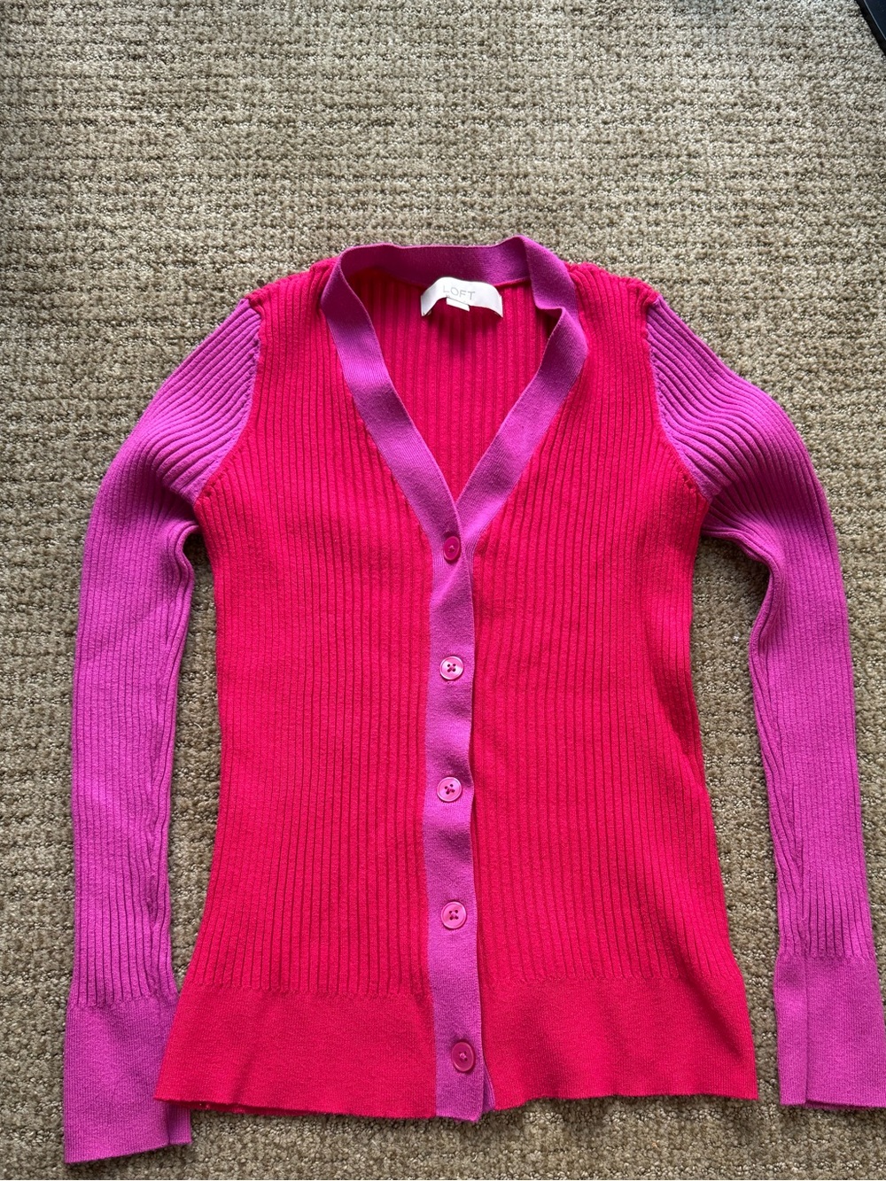 LOFT Two-Tone Pink & Magenta Ribbed Button Cardigan